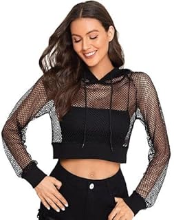 Talitha Fashion Women's Mesh Fishnet Crop Hoodie – Trendy See-Through Summer Net Top – Stylish Drawstring Pullover Sweatsh