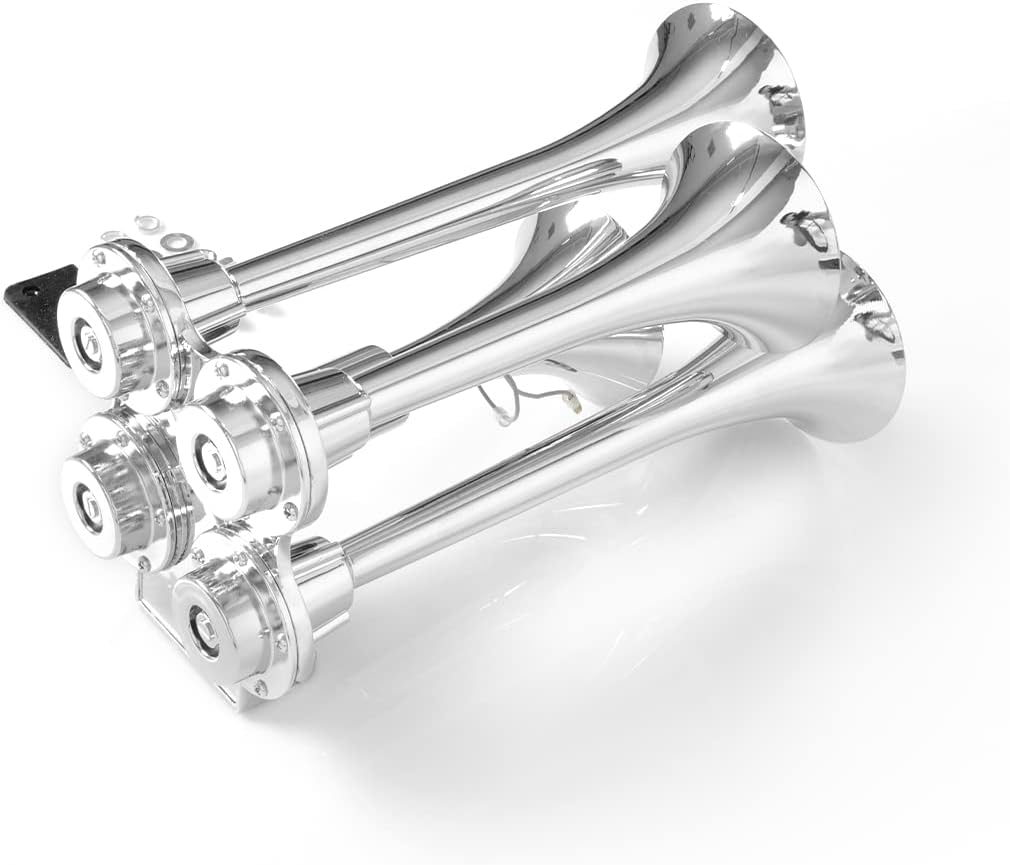 12V/24V Chrome Truck 4 Trumpet Air Horn 150DB Super Loud Train Horns Kit universal for Vehicles Trucks Pickup Trains Cars Boats