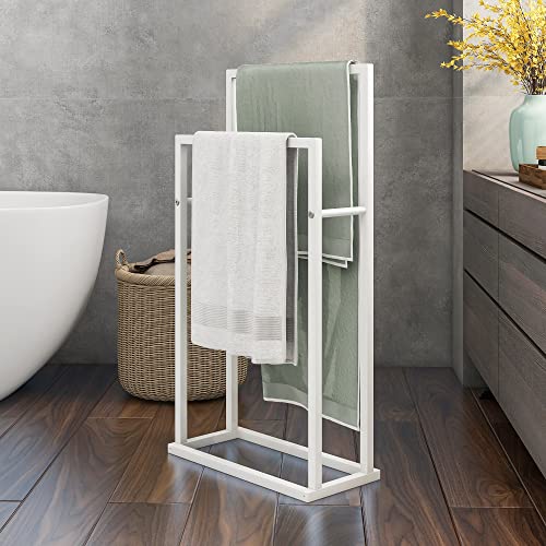 BOFENG Freistehender Handtuchhalter aus Metall, weiß, 2 Etagen, Organizer für Badezimmer, Organisation neben Badewanne oder Dusche, hält Bad und Handtücher, stabiler rechtwinkliger Sockel Cover