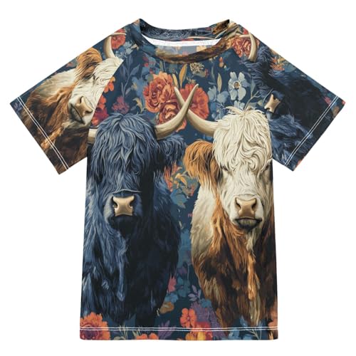 Boys Short Sleeve T-Shirts Highland Cow Cattle Flower Rashguard Kids Swim Shirts Sun UPF 50+