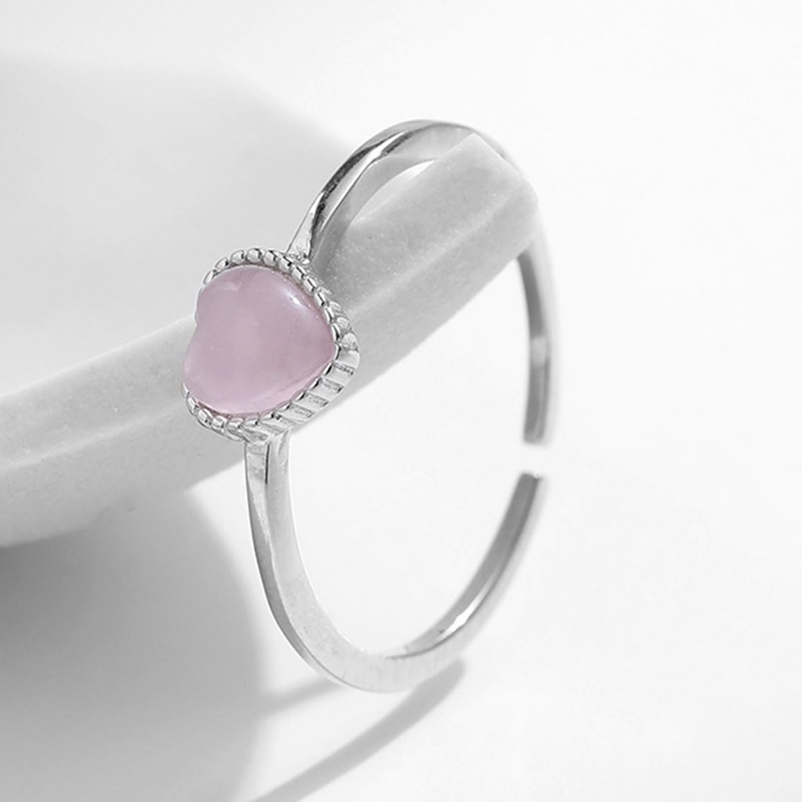 Anillo de compromiso de oro blanco de 9 K/14 K, ópalo rosa, 5 x 5 mm, ajustable