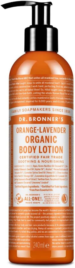 Dr Bronner's 3-in-1 Orange & Lavender Organic Hand and Body Lotion, Made with Organic Oils, Used for Hands, Face and Body, Certified Fair Trade & Vegan Friendly, 236ml Recycled Bottle
