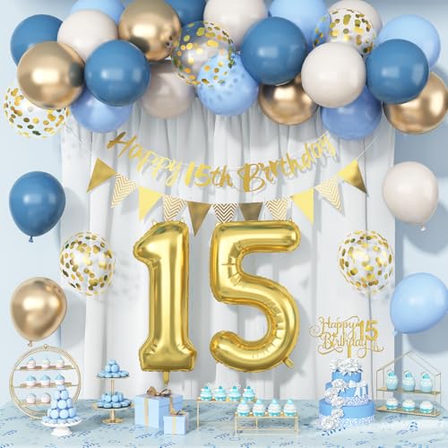 15th Birthday Decorations for Girls Boys, Dusty Blue Cream White Gold 15 Balloon Happy 15th Birthday Bunting Banner Cake Topper Number 15 Year Old Foil Balloon for Fifteen birthday Party Decor