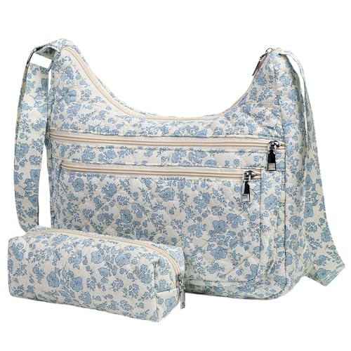 Image of 2-Piece Set Women's Small Floral Quilted Crossbody Bag and Tote, Multi-Pocket Shoulder Handbags for Everyday Use, Travel