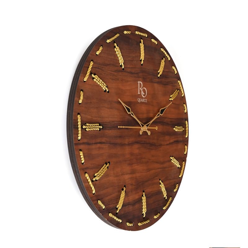 Image of Wooden Round Shape Wall Clock with Golden Hands & Golden Zari Rope Detailing | Handcrafted Silent Quartz Movement Anti Reflection Analog Vintage Clock for Home, Office (Brown, 15.5 Inch)