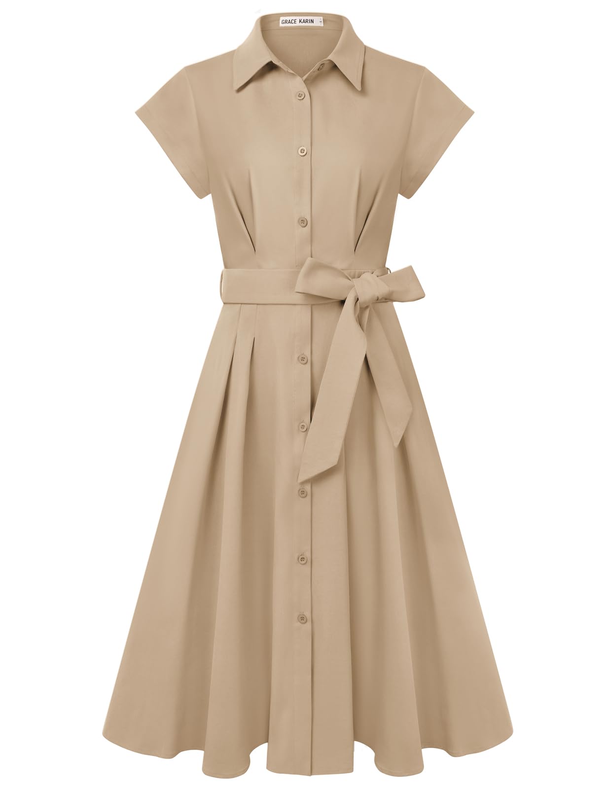 GRACE KARIN Zomerjurk voor dames, korte mouwen, reverskraag, knopen, tailleriem, jurk, elegante A-lijn, midi-blousejurk met zakken, lila, L