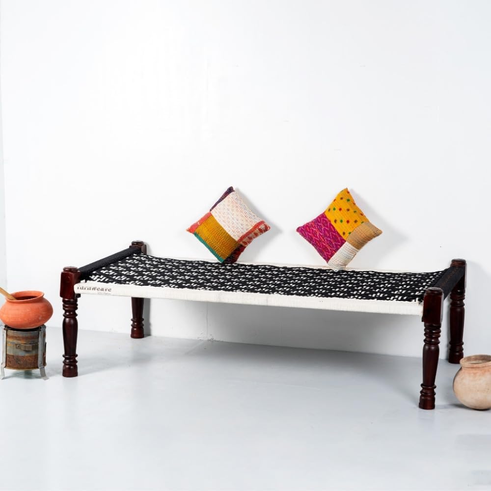 FURNWEAVE Solid Sheesham Wood Handmade Rajasthani Charpai | Cotton Rope Khatiya Charpai Single Bed Without Storage| Wooden Cot Bed | Khatiya-Khaat| 6X3 Feet | Color - Black & White