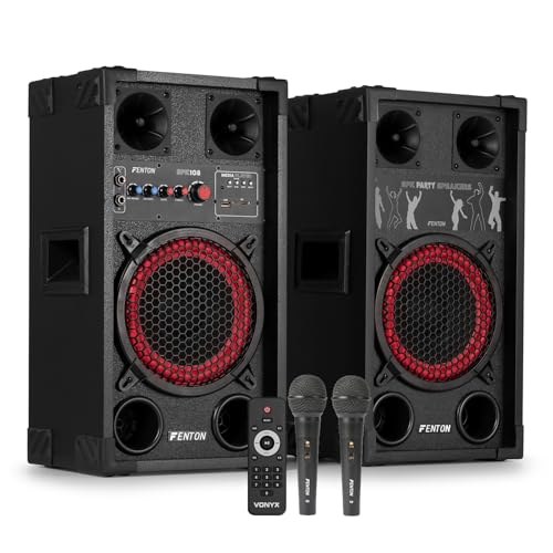 Fenton SPK-108 8-Inch Active Bluetooth Karaoke Speaker System with Wired Vocal Microphones, 400W Home Audio Karaoke Setup for Adults, USB/SD MP3 Playback & Echo Controls Included