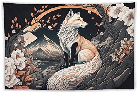 Ynée Premium Velvet Tapestry - Japanese Mountain & White Fox Desi...