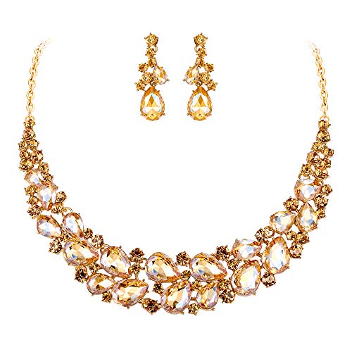 BriLove Wedding Bridal Necklace Earrings Jewelry Set for Women Austrian Crystal Multi Teardrop Cluster Statement Necklace Dangle Earrings Set Champagne Gold-Toned