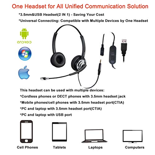 Cuffie da 3,5 mm a USB per computer con microfono a cancellazione del rumore, 3,5 mm, leggere, a due orecchie, per telefoni cellulari, iPad, tablet, laptop, Mac, Skype, Webinar