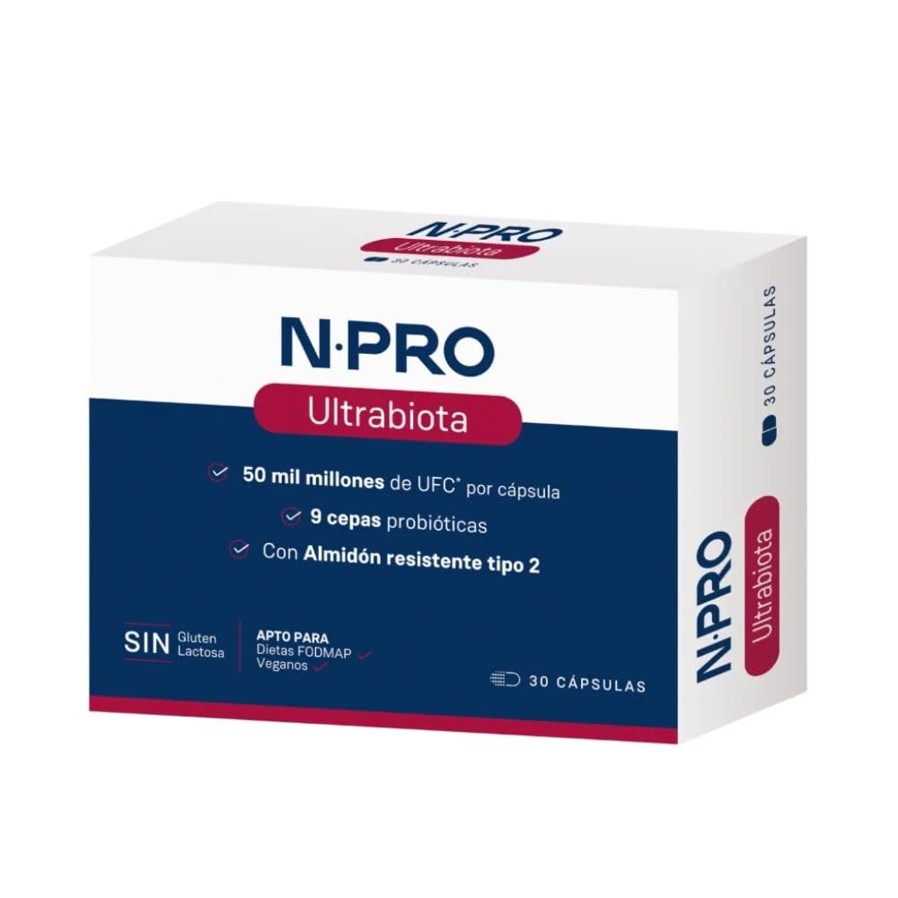 NPro SALUD INTESTINAL Ultrabiota 30 Cápsulas Probiótico de Alta Carga | 9 Cepas Probióticas, 50.000 Millones UFC, Almidón Resistente Plátano, Acción Intensiva para Recuperación