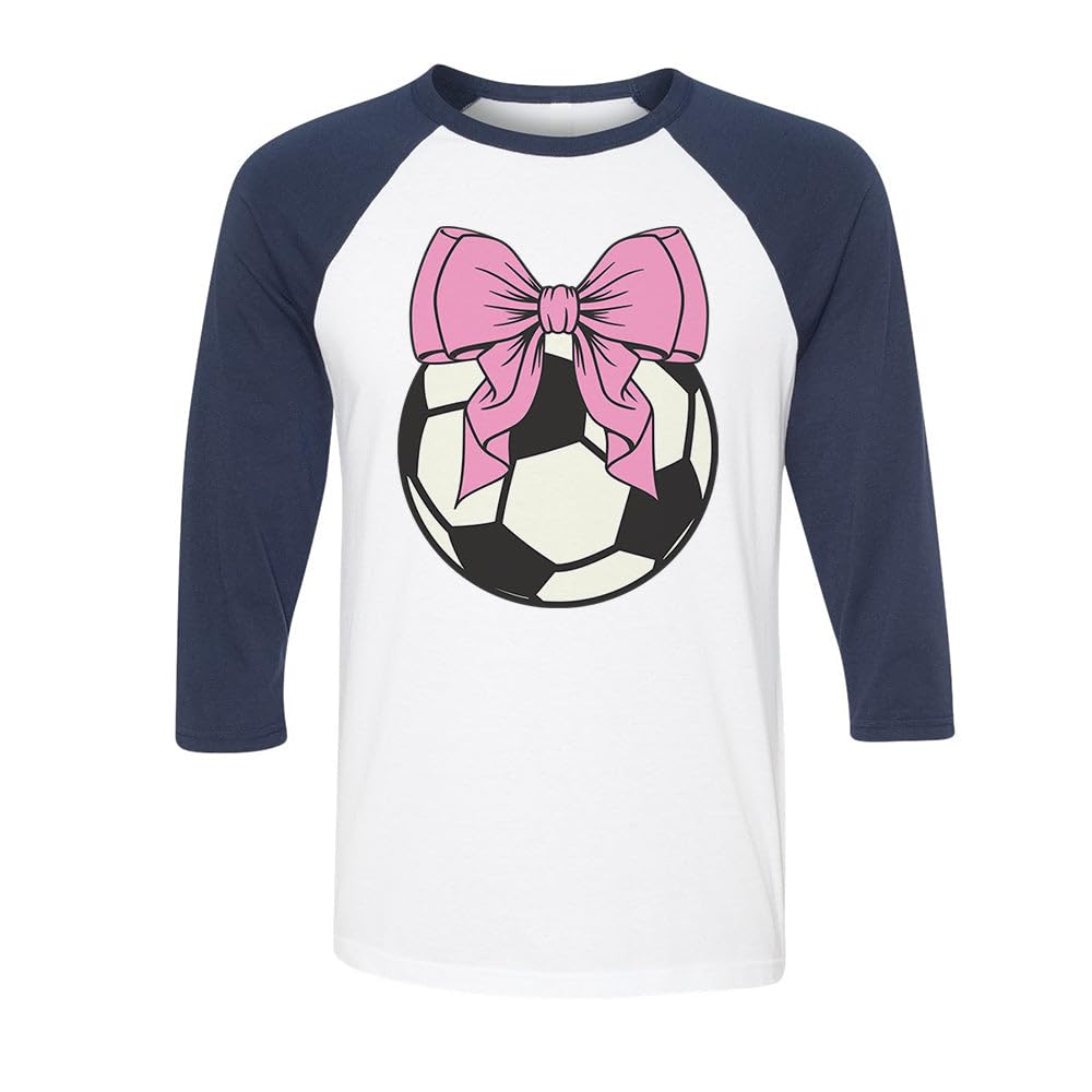 TeesAndTankYou Soccer Pink Bow Three-Quarter Raglan Sleeve Baseball Shirt Unisex X-Small White/Navy