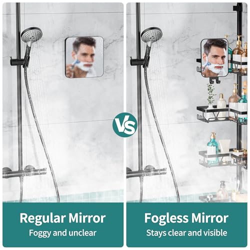 Image of KEGII Shower Caddy Tension Pole - Adjustable Rustproof Corner Bathroom Organizer with Fogless Shower Mirror, 25-114.2 Inch No-Drill Bathroom Storage, Black
