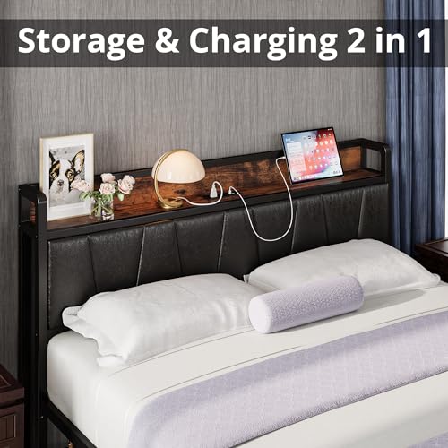 Image of LIKIMIO Queen Bed Frame, Storage Headboard with Charging Station, Platform Bed with Drawers, No Box Spring Needed, Easy Assembly, Vintage Brown and Black