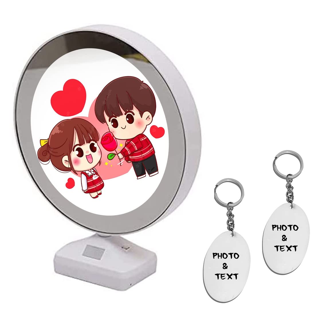THEPRINTSHINE Customized Magic Mirror with LED Light Photo Frame with Free 2 Oval Shape Key Chain Home Décor, White Plastic Material, Gifts for Special Occasion, Bedroom and Bathroom Use