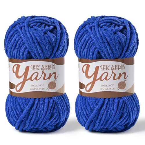 Image of 2 Pack Fluffy Velvet Yarn for Crocheting,Baby Blanket Yarn for Crocheting Soft,100g(131yds) Amigurumi Yarns,Plush Chenille Crochet Yarns,Puzzle Yarn for Crochet Weaving Craft(2 Sapphire Blue)