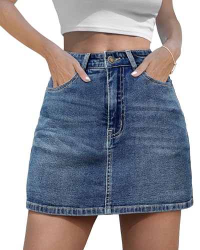 LOLILRSD Women's Denim Mini Skort High Waisted Stretch Casual Jean Skirt Shorts 5 Pockets(DBL,M)
