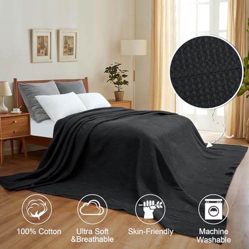 Image of PHF 100% Cotton Waffle Weave Blanket California King Size 120 inchx 120 inch - Washed Soft Lightweight Breathable - 10'x10' Oversize Huge Extra Large for Couch Bed Sofa,Aesthetic Room Decor Gift - Black