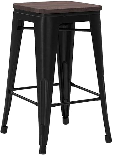 Miniatura 49 de [Juego de 4] Taburete metálico apilable industrial moderno para interior/exterior 17 pulgadas, Metal Plata sin espalda con madera,Sin espalda negro