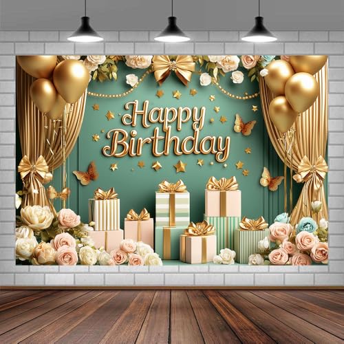 Image of Gold Green Birthday Decorations Banner Butterfly Flower Floral Banner Birthday Photography Background for Girls Women Adults Party Decoration Photo Booth Prop 71 x 43 Inch
