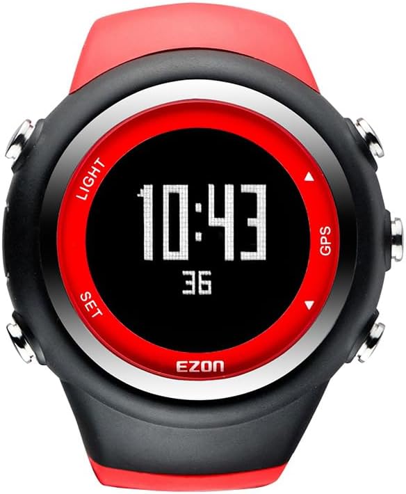 Davant view of the EZON T031 GPS Running Watch displaying the time 10:43 and 36 seconds, with 'LIGHT', 'SET', 'GPS' labels around the bezel.