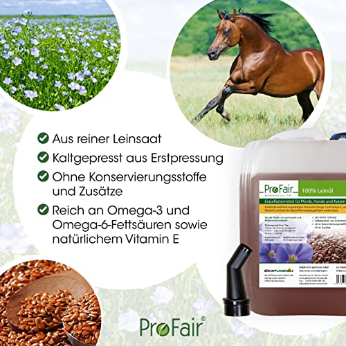 5-Liter-Kanister ProFair Leinöl kaltgepresst, 100% aus reiner Leinsaat, ohne Zusätze, Einzelfuttermittel für Pferd, Hund und Katze