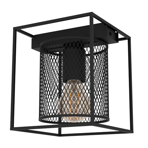 Eglo Plafonnier Catterick, lampe de plafond carré au design industriel, luminaire encadré pour salon et couloir, grillage en métal noir, douille E27