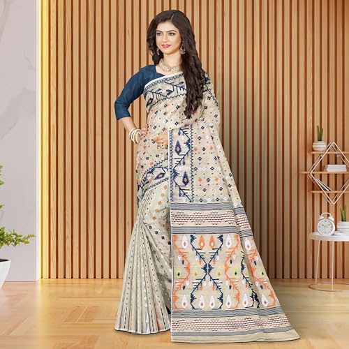 Image of Mayabi Women's Dhakai Jamdani Cotton Silk Saree Traditional Bengali Tant Korat Work, Without Blouse Piece