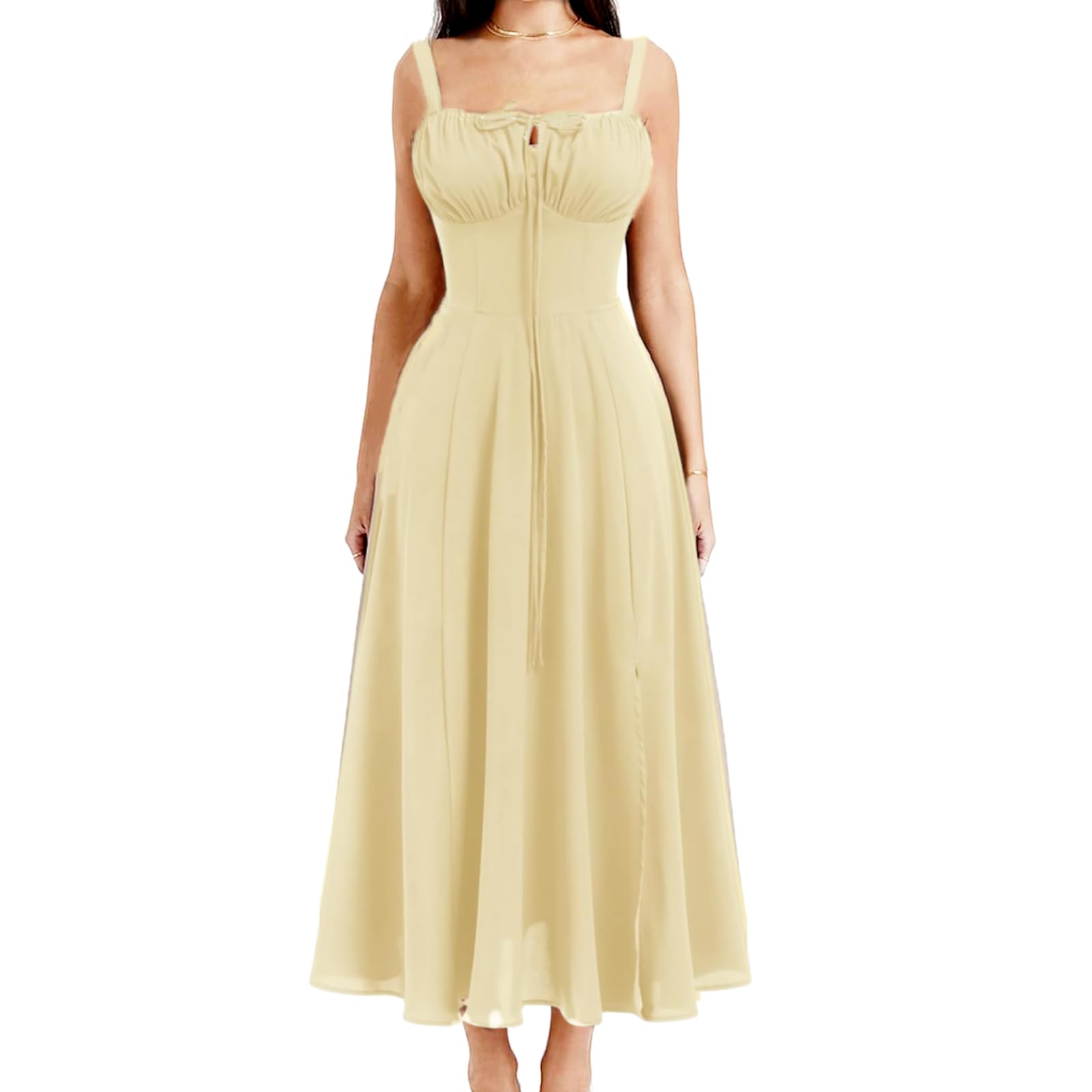 IBAKOM Abito estivo da donna con spalline in stile spagnolo, abito da primavera bohemien, abito anteriore forchetta swing midi, gonna da festa per feste in spiaggia