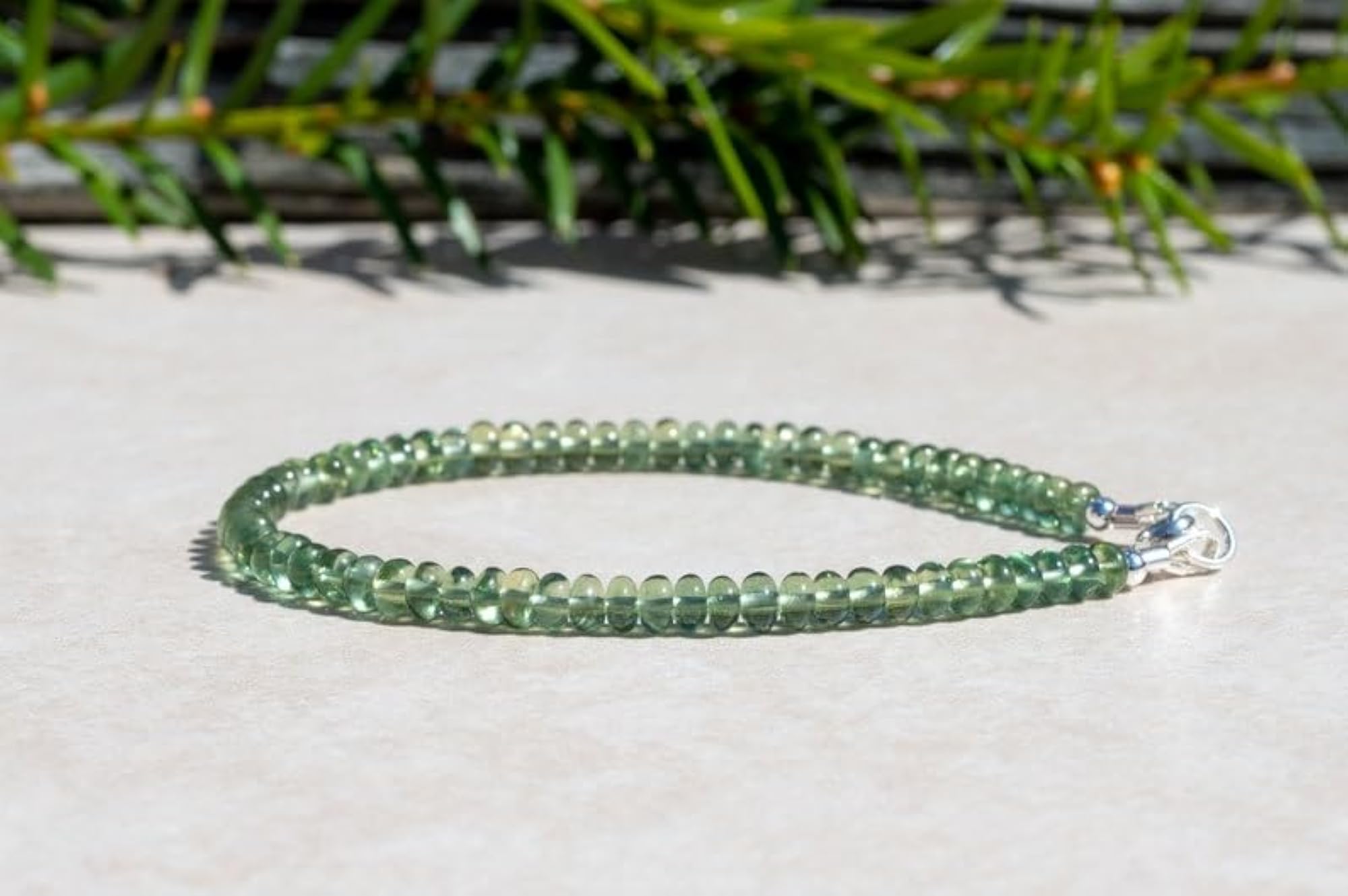 Green Apatite Rondelle Beaded Bracelet with Silver Lock, Adjustable