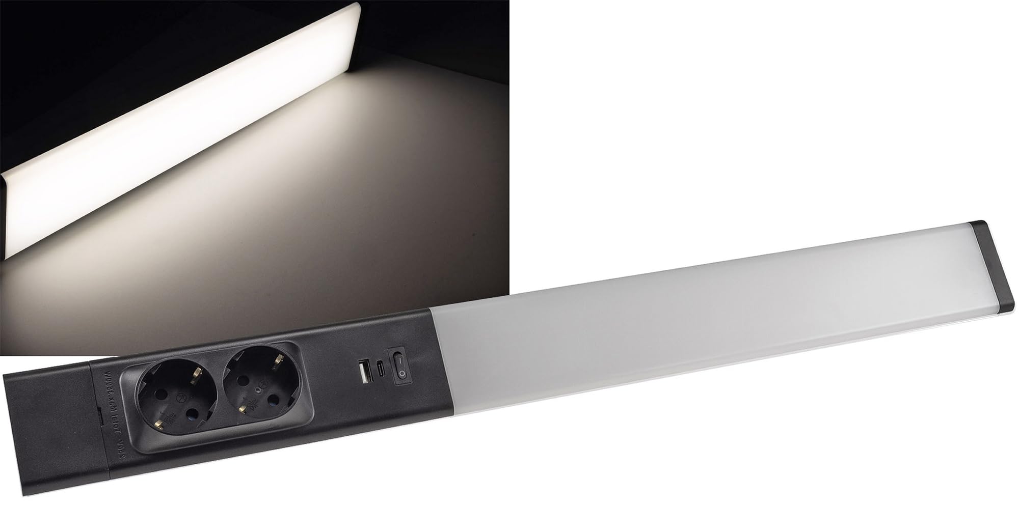 Réglette LED sous meuble - 60 cm - Noir - Barre lumineuse LED avec 2 prises et USB-A/USB-C (PD) - Lumière blanche neutre (4000 K), 1607 lm, montage sous meuble et d'angle