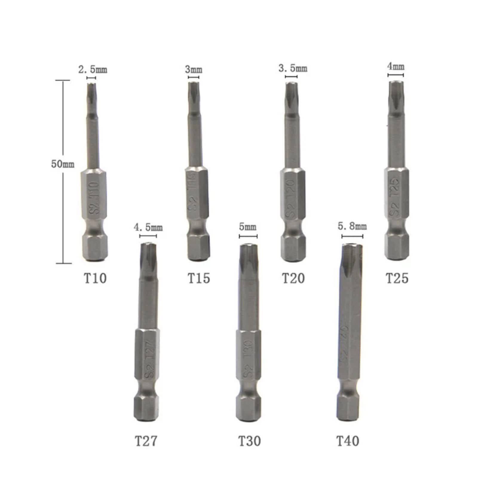 7 pc 50mm 1/4 "embout de tournevis à tige hexagonale cinq points pour tournevis magnétique foret T10/T15/T20/T25/T27/T30/T40