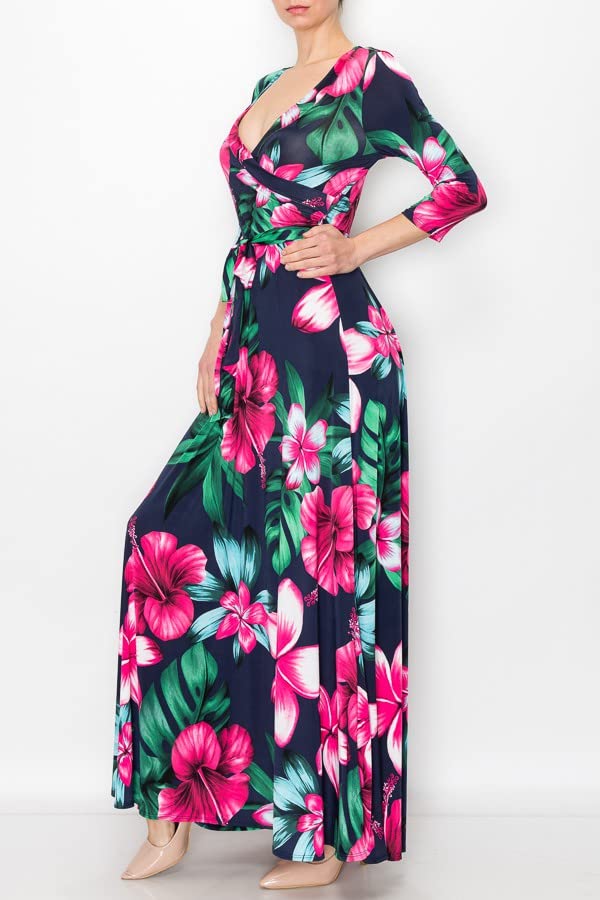 Image of Women's 3 /4 Sleeve V-Neck Printed Maxi Faux Wrap Dress Navy Fuchsia L