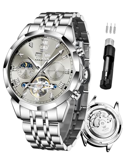 Image of OLEVS Automatic Watch for Men Original Luxury Diamond Self Winding Multifunctional Men's Watch Stainless Steel Waterproof Moon Phase Watches