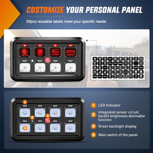 Image of Nilight 8 Gang Switch Panel Relay System Automatic Dimmable | Universal Circuit Control Fuse Wiring Harness ON Off Red Backlit LED Pod for 12V Cars Trucks Boats Campers SUV