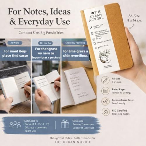 Image of Pocket Notebook A6 Pack of 3 | 9 x 14 cm Compact Ruled Notebooks for Daily Notes, Office & Travel | Coconut Husk Paper Cover | FSC Recycled Pages