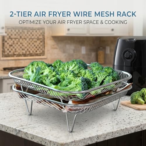 Image of Dual-Layer Air Fryer Rack Set with Elevated and Regular Support Legs. 304 Stainless Steel Mesh Baskets, Versatile Use for Air Fryer, Steamer, Oven, Dishwasher Safe.