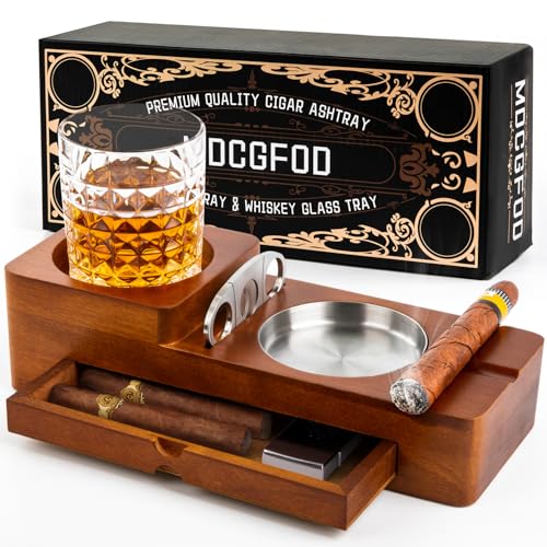 Father Day Gifts Cigar Ashtray Coaster Whiskey Glass Tray and Cigar Holder, Wooden Ash Tray, Slot to Hold Cigar, Cigar Rest Cigar Accessory Set Gift for Men Dad, Great Decor for Home(Large drawer)