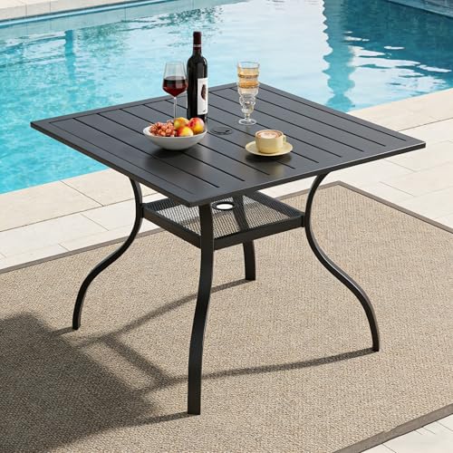 Image of SUNCROWN 37 inch Black Patio Outdoor Dining Table Metal Steel Slat Square Bistro Table for Porch Deck Garden Backyard Poolside, 1.57 inch Umbrella Hole