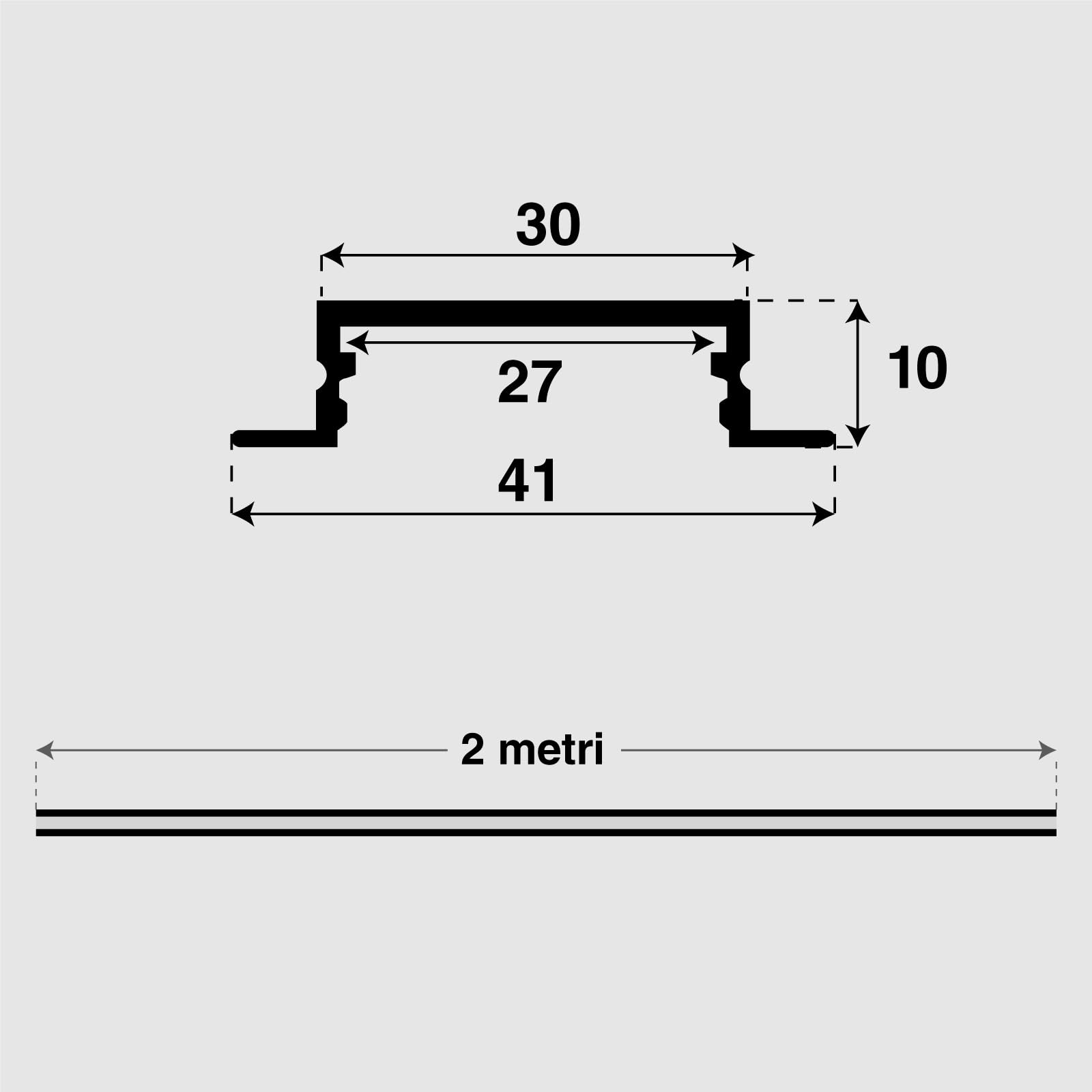 Eurocali Profilo Alluminio per Strisce LED fino a 27mm - Incasso con alette - 2000 x 41 x h10 mm - Pacco da 10