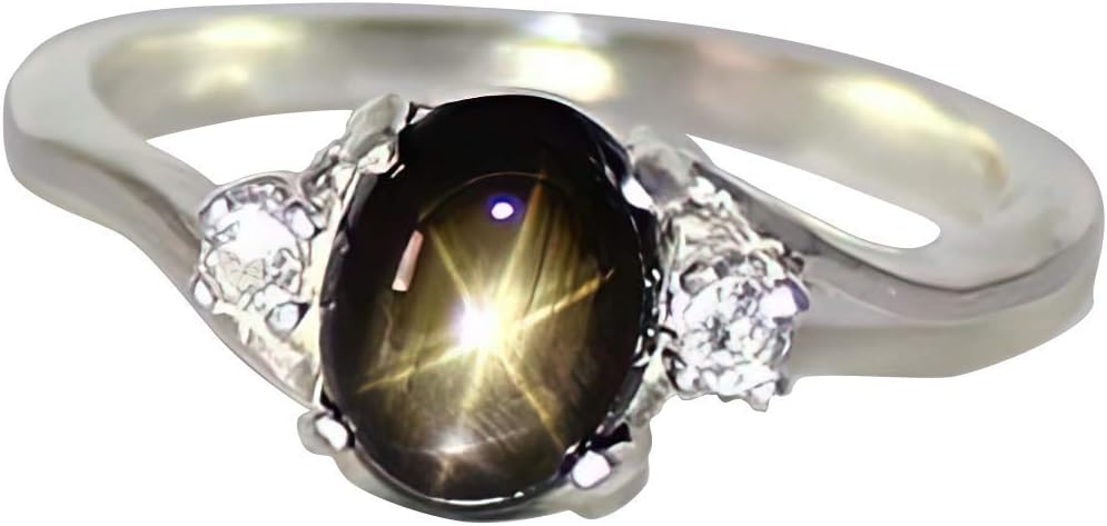 Genuine Black Star Sapphire Sterling Silver Ring with Diamond Accents