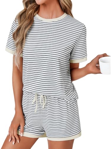 Image of LYANER Pajama Set for Women 2 Piece Lounge Set Striped Crew neck Short Sleeve Tops and Shorts Soft Sleepwear