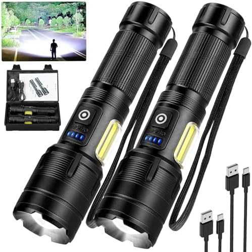 Rechargeable Flashlights Adjustable Focus High Lumens, 990000 Lumens with 7 Lighting Modes, IPX7 Waterproof Handheld for Home, Camping, Hiking and Emergency, 2-Pack