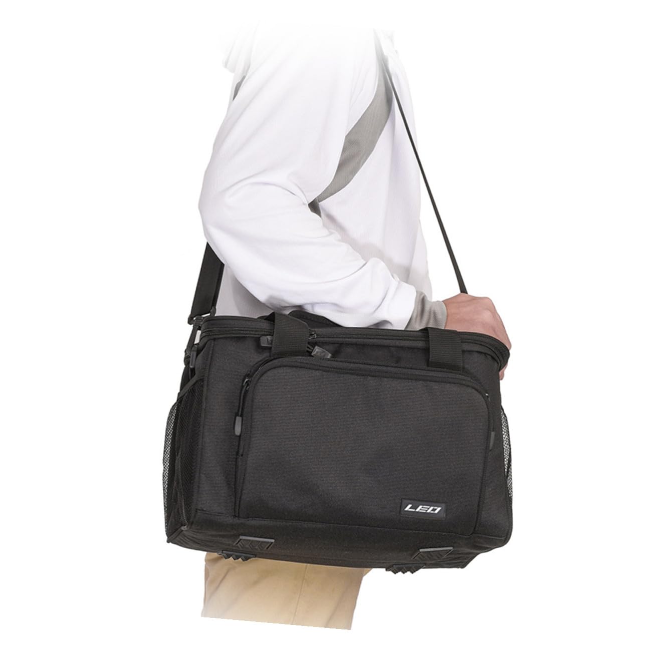Pêche en Tissu Oxford Noir Design Multi-Poches et Coutures Renforcées, Bandoulière Ajustable pour Accessoires de Pêche en Plein Air