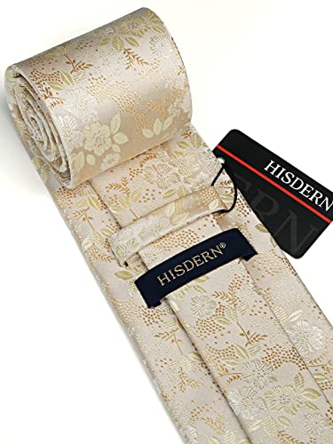 Image of HISDERN Men Floral Ties Woven Classic 3.4 inch Necktie Set Formal Tie Pocket Square for Wedding with Handkerchief Gift Box