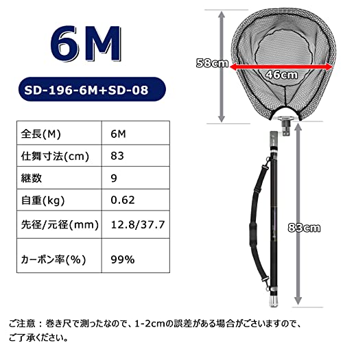 サンライク(SANLIKE) タモ網 たも網 たもあみ 伸縮 3m/5m/6m/7m /8m 小継 99%カーボン製 9段階 玉網 釣り タモ たまあみ ランディングネット 枠サイズ60X48cm 淡水海水両用 (6Mータモジョイント付き) 4枚目