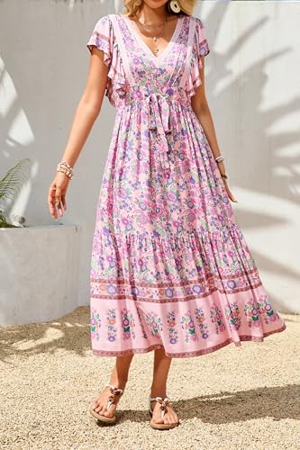R.Vivimos Womens Summer 2025 Boho Floral Print V Neck Short Sleeve Drawstring Tie Casual Flowy Midi Dress2