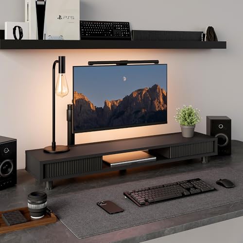 Image of Fenge Dual Monitor Stand, 42.5inch Long Monitor Stands Riser for 2 Monitors, Glass Sliding Door with Storage Organizer Stand for Desk, 2 Tier Desk Shelf for Laptop, Pc, Printer, Computer, TV