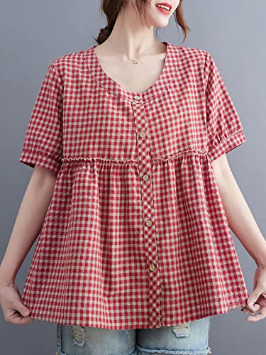 HUIOP Camisas xadrez, Blusa feminina xadrez manga curta botões vintage camisetas de férias,Camisas v
